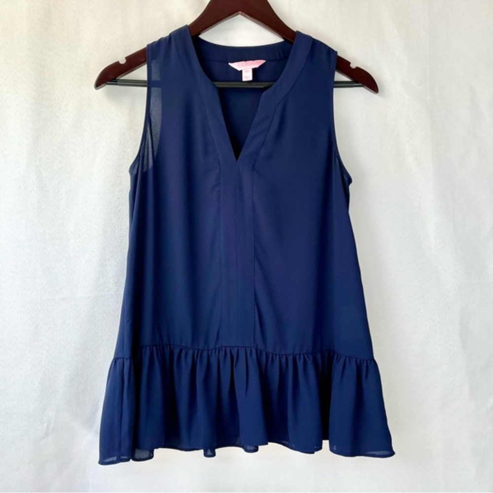 Lilly Pulitzer Women's XXS Gramercy Navy Blue Flounced Hem Sleeveless Blouse